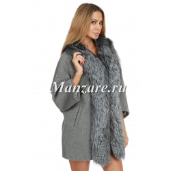 ПАЛЬТО СЕРОЕ СОВРЕМЕННОЕ "ПОНЧО" С МЕХОМ ЧЕРНОБУРКИ - арт. 0498 